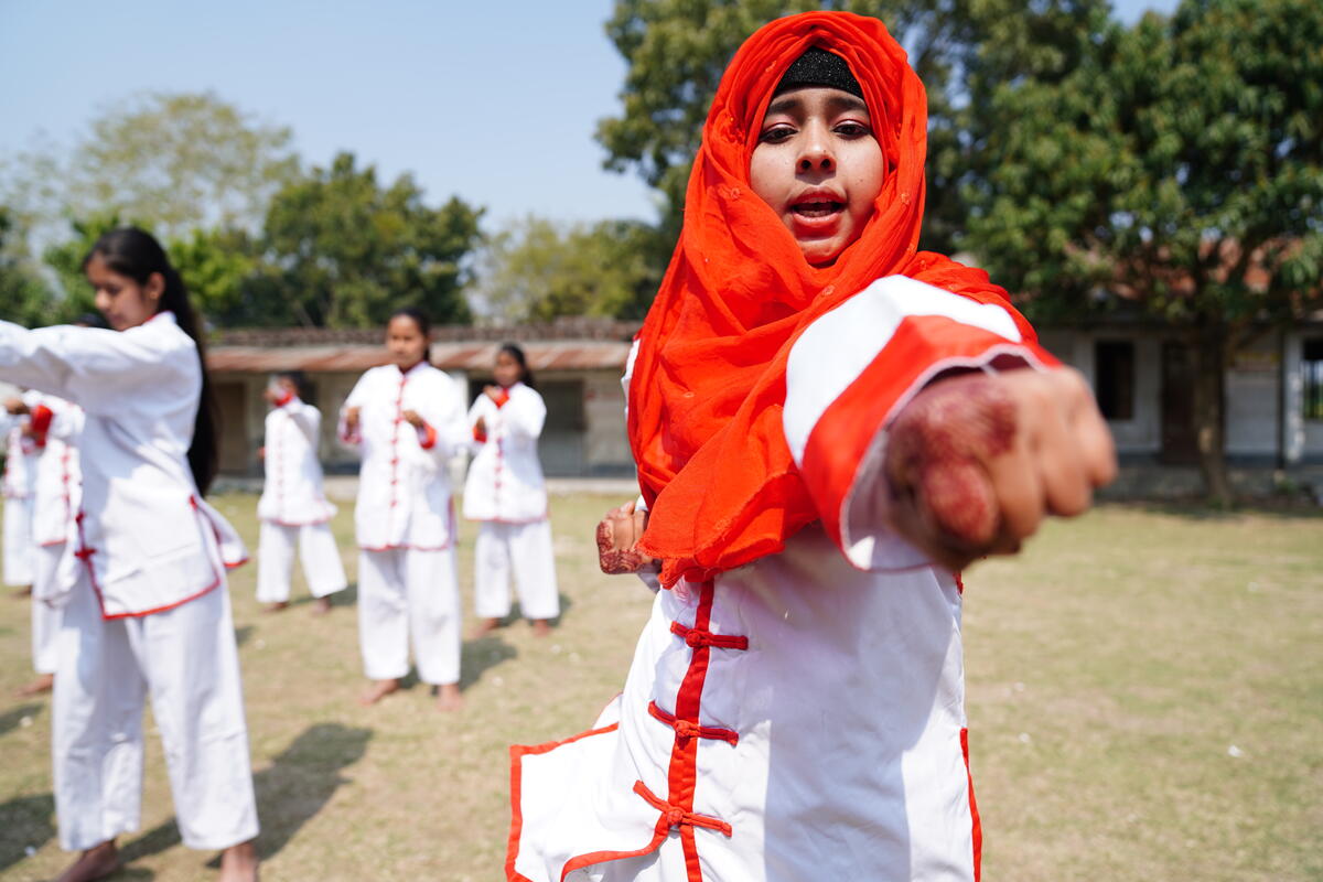 A girl from Bangladesh practising karate with World Vision