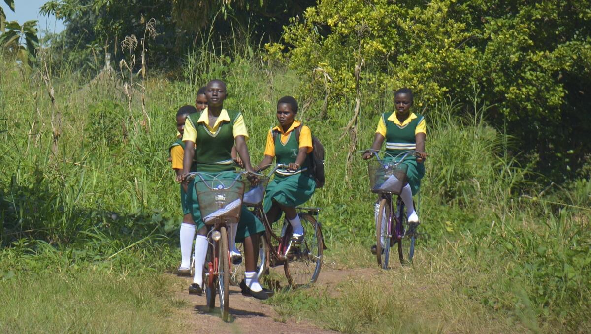 Girls in green and yellow ride bikes in a line in the country