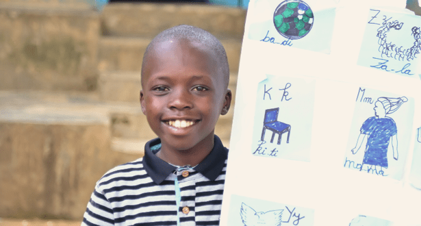 C’est Prévu smiling band holding school work