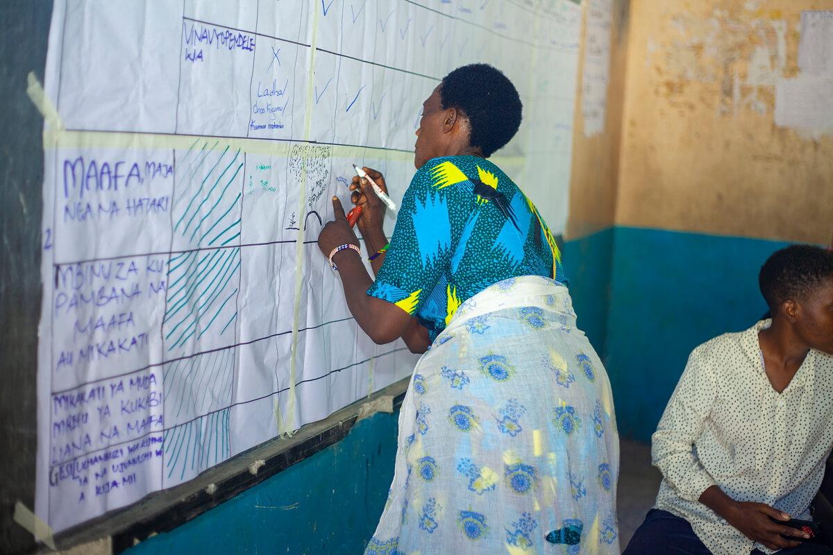Image displays a focus group participant in Tanzania undertaking Exercise 2, drawing a hazard affecting a main food type on the flip-chart.